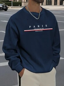 Manfinity Dauomo 大码男士字母印花长袖休闲套头连帽衫，秋冬款 - 藏蓝色 - 查看 1