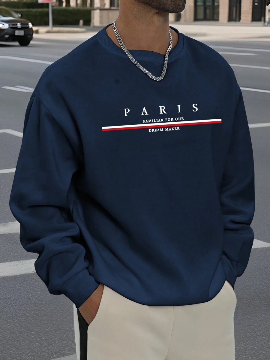 Manfinity Dauomo 大码男士字母印花长袖休闲套头连帽衫，秋冬款 - 藏蓝色 - 查看 1