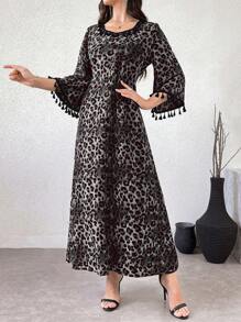 Al Najma Women's Leopard Print Patchwork Flared Sleeve Dress With Tassel Trim Maxi Women Outfit - Grey - View 7