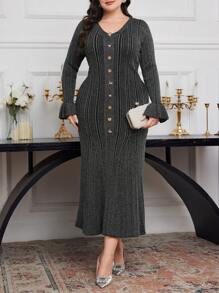 Modelyn Plus Size Elegant Striped Flared Sleeve Fishtail Sweater Dress, Autumn/Winter - Black - View 5