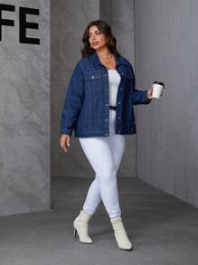 SHEIN Essnce Áo khoác denim dài tay dáng rộng, màu trơn, cài cúc phía trước, có túi, phong cách thường ngày, thích hợp cho dịp Giáng sinh và Lễ Tạ ơn. - Màu xanh lam - Xem 6