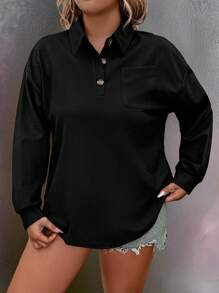 Plus Size Women's Solid Color Drop Shoulder Long Sleeve Polo Collar Pocket Loose Casual Blouse, Autumn - Black - View 3