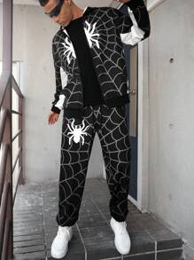 Manfinity LEGND Men Spider Web Print Zip-Up Hoodie And Drawstring Pants Set, Fall Clothes - Multicolor - View 3