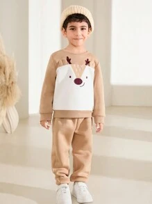 SHEIN 2pcs/Set Cartoon Elk Print Crew Neck Long Sleeve Sweatshirt And Pants Casual Outfit For Young Boy - Khaki - View 6