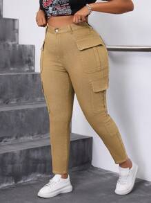 SHEIN SXY Plus Size Women's Stretchy Khaki Cargo Pocket Skinny Pants