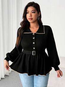 Calvaya Plus Size French Collar Button Waisted Flared Cardigan, For Autumn/Winter Fall Cloth For Women