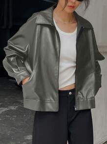 DAZY Oversized Collared Zip-Up Casual Motorcycle Faux Leather Long Sleeve Jacket Women Coats