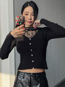 DAZY Autumn New Slim Fit Lace Patchwork Women Sweater - Black - View 8