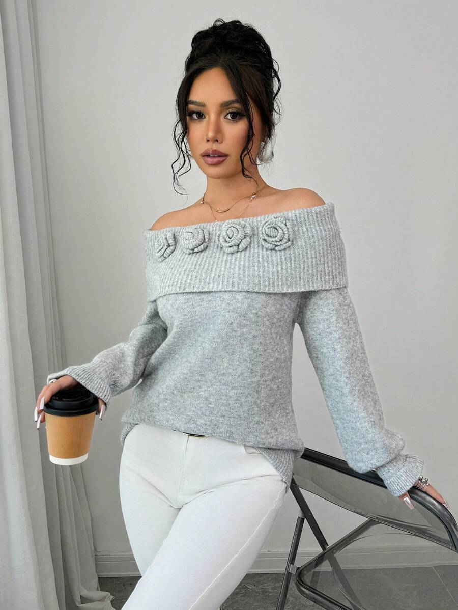 Elenzga Áo len dệt kim 3D họa tiết hoa màu trơn, hở vai, thích hợp cho mùa thu đông. - Xám - Xem 1