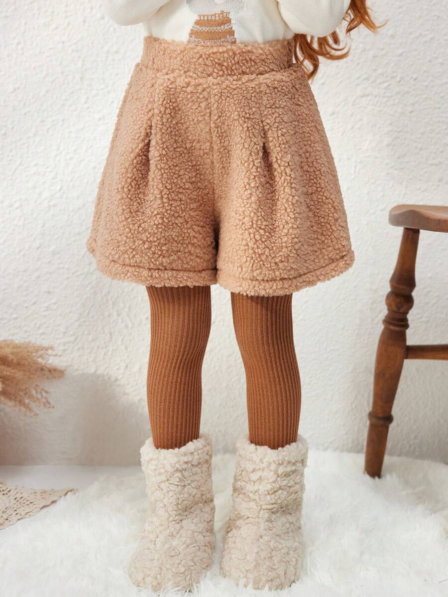 Blossori Quần short lưng thun rộng rãi dệt kim kiểu Pháp thanh lịch cho bé gái, màu cà phê, thu/đông - Màu Khaki - Xem 1