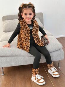 SHEIN Áo khoác cardigan không tay màu trơn Nova Plush ấm áp giản dị cho bé gái kèm áo dài tay họa tiết da báo và quần dài - Nhiều màu - Xem 5