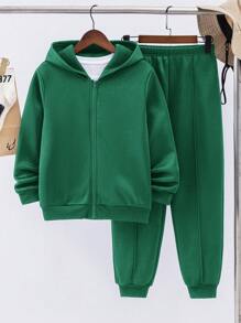 SHEIN 2-delat set med huvtröja och mjukisbyxor för tween-pojkar, mångsidig fleecehuvtröja och byxor som passar alla, lämplig för vardag, sport och streetwear på vår och höst - Mörk Grön - Visa 3