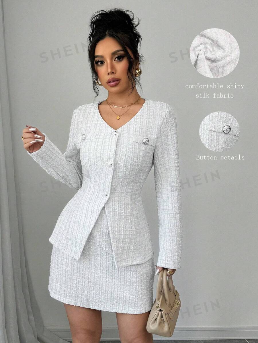 Chiquease Conjunto de chaqueta ceñida al talle con botones y falda a la rodilla elegante para mujer