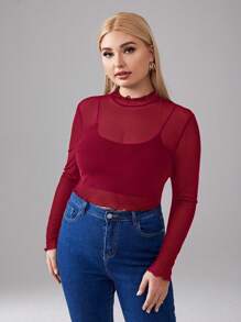 SHEIN Privé Áo thun tay dài cổ đứng cỡ lớn cho nữ, thường ngày, tiệc mừng năm mới, Lễ Tạ ơn - Màu Đỏ Sâu - Xem 5