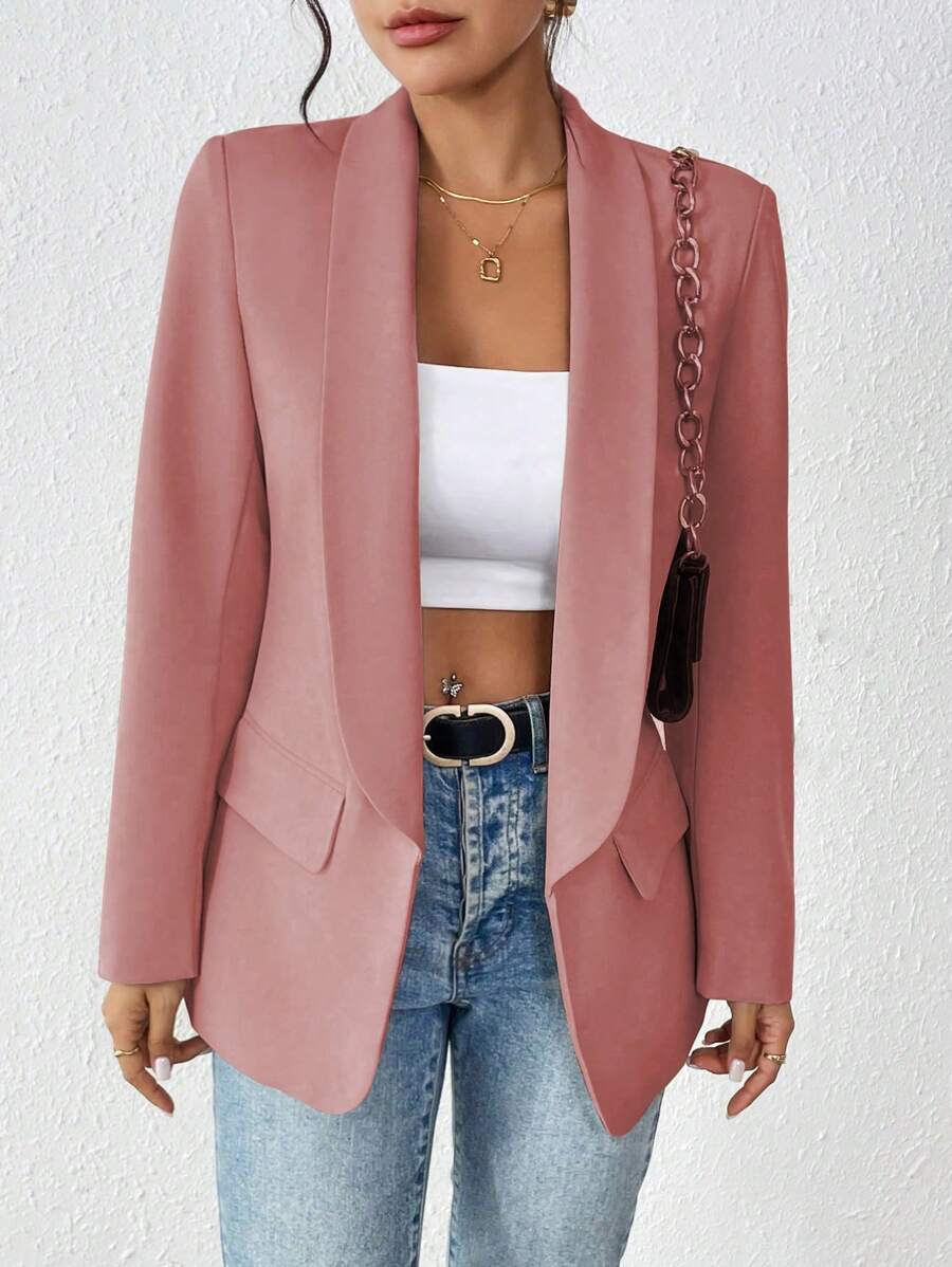 Chiquease 休闲简约纯色披肩领西装外套 - 藕粉色 - 查看 1