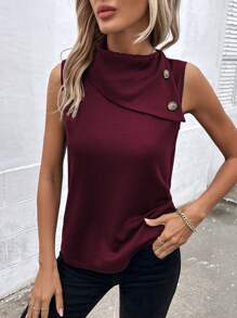 SHEIN Clasi Camiseta de tirantes sólida y versátil para mujer con cuello alto y decoración de botones