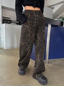 DAZY 女式宽松豹纹口袋细节阔腿牛仔裤冬季裤子猎豹印花 - 棕色 - 查看 4
