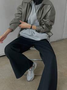 DAZY Oversized Collared Zip-Up Casual Motorcycle Faux Leather Long Sleeve Jacket Women Coats