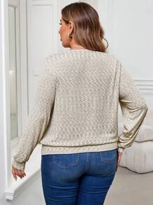 SHEIN Clasi Áo nỉ dệt kim co giãn dài tay cổ chữ V cỡ lớn cho nữ, mùa thu/đông - Màu Khaki - Xem 2