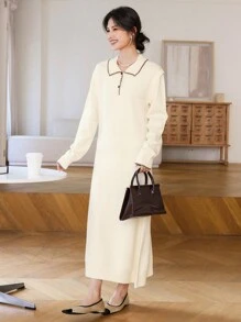 DAZY 女式拼色 Polo 领长袖休闲毛衣连衣裙，秋季服装 - 杏色 - 查看 2