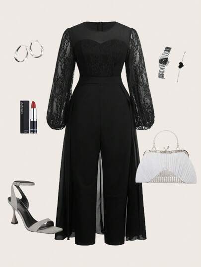 SHEIN Ellevyn Plus Size Solid Color Mesh Contrast Round Neck Jumpsuit Suitable For Banquet, Party