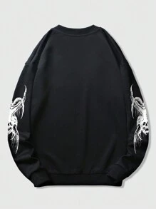 ROMWE MEN Goth Men Skull & Letter Graphic Sweatshirt, School - Black - View 2