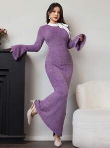 Modelyn Autumn/Winter Furry Flared Sleeve Bow Splice Bodycon Extra Long Elegant Dress Maxi Women Outfit Fall Cloth For Women - Purple - View 4