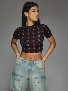 Missguided x Playboy Áo thun in hình thỏ con phong cách retro crop top họa tiết AOP tay ngắn ôm vừa vặn thời trang mùa hè thường ngày dạo phố lễ hội Y2K mặc hàng ngày - Nhiều màu - Xem 5