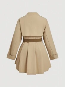 SHEIN MOD Plus Size Khaki Vintage Color Block Tie Waist Pleated Hem Long Women Trench Coat, Elegant Office Trench Coat - Khaki - View 2