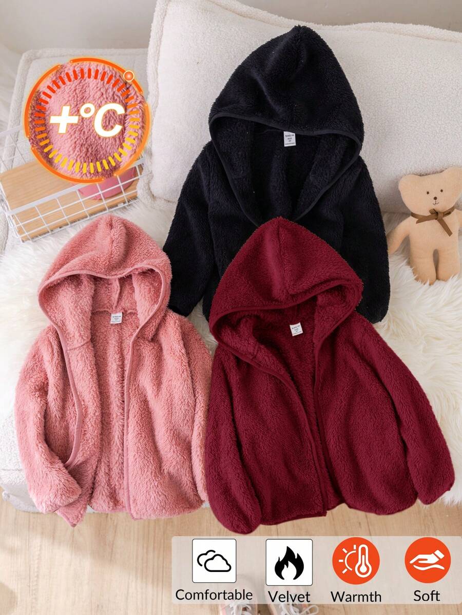 Bộ 3 món áo khoác len màu trơn có mũ rộng rãi thường ngày cho bé gái - Đỏ - Xem 1