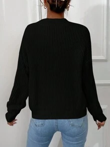 EURMUSE Women's Solid Color Drop Shoulder Sweater - Black - View 2