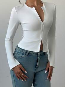 INAWLY 女式修身性感双拉链 V 领罗纹长袖 T 恤 - 白色 - 查看 6