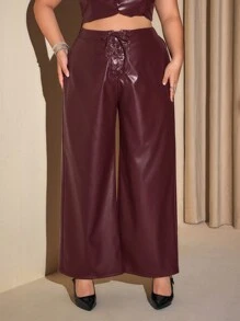 SHEIN ICON Pantaloni diritti in poliuretano da donna con laccetti frontali, colore rosso vino, per l'inverno, taglie comode - Bordò - Visualizzare 4