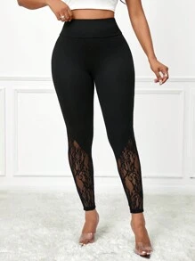 SHEIN Lady Elegant Solid Lace Patchwork High Waist Women's Leggings - Black - View 4