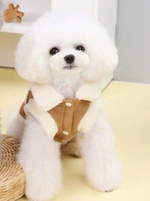 PETSIN 米色羊羔绒衬里保暖宠物外套，配有防风牵引绳附件，适合秋冬季
