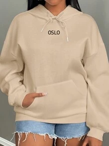 Slaydiva Áo hoodie in họa tiết tối giản giản dị dài tay rộng rãi cho nữ, mùa thu/đông - Màu Khaki - Xem 5