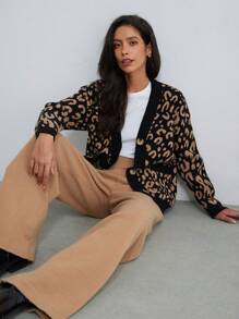 Aveloria Modichic 2pcs Vintage Commuter Leopard Jacquard Open-Front Cardigans, Oversized Color Block Solid Color Warm Sweaters For Women Oversized Cheetah Print Sweater 