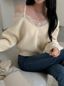 DAZY 女装秋季新款休闲撞色蕾丝露肩毛衣 露肩毛衣 - 米色 - 查看 7