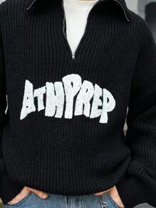 Manfinity Hypemode 男士时尚字母印花拼色拉链领长袖套头衫休闲针织毛衣秋冬款适合外出朋友聚会 - 彩色 - 查看 3