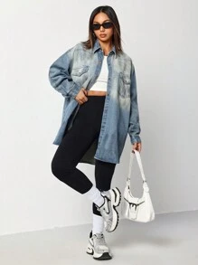 SHEIN EZwear Women Loose Fit Long Sleeve Blue Denim Jean Jacket, Casual - Blue - View 3