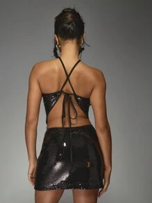 MISSGUIDED 派对俱乐部夜间外出亮片迷你裙高腰镂空侧开叉节日音乐会晚会闪光紧身连衣裙 - 黑色 - 查看 2