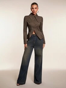 Glamine Women Front Button Slit Elegant Long Sleeve Jacket, Solid Color For Women, Stylish Christmas Clothes Women, Versatile Autumn Outerwear For Thanksgiving Fall Winter Cloth For Women - Brown - View 4