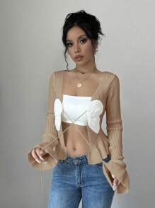 Elenzga Cárdigan informal de mujer con lazo al frente y bajo con volantes, manga larga, para otoño/invierno - Camel - Ver 5