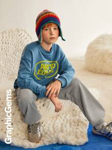 Set de 2 piezas con sudadera de cuello redondo de manga larga con estampado de eslogan y pantalones de chándal casuales para niño preadolescente, otoño - Multicolor - Ver 6