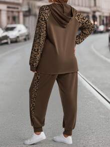 EMERY ROSE 2pcs Plus Size Women Leopard Patchwork Hoodie And Pants Set,  Winter Clothes