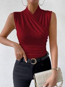 RosyDaze Camiseta ajustada minimalista y casual de color liso con pliegues envolventes para ropa de Año Nuevo