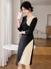 DAZY Váy ôm cổ chữ V chắp vá thanh lịch kiểu Pháp dành cho nữ, đầu thu - màu đen - Xem 1