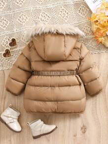 SHEIN Baby Girls Style Cute Versatile Warm Thermal Lined Solid Color Fur Collar Hooded Padded Coat, Suitable For Autumn/Winter - Multicolor - View 2
