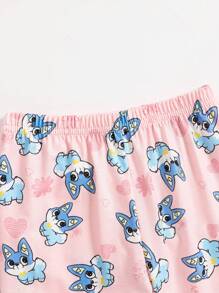 2 piezas Pijama casual de niña bebé/pequeña con estampado de animal lindo, conjunto de top de manga larga y pantalones con fondo rosa, ropa cómoda para estar en casa - Rosa - Ver 4