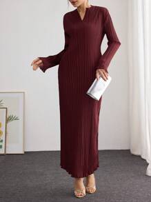 Modelyn Damen plissiertes langärmliges schlankes A-Linien-Kleid in Burgunderrot, Damen-Outfit für lange Abendkleider